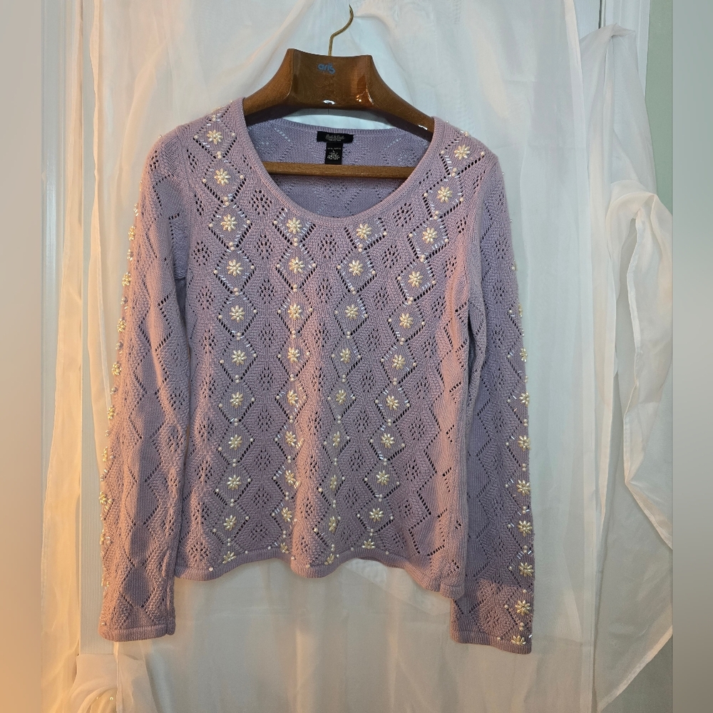 Lavender Sweater Soft Girl Pearl Embellished Whimsy Cottagecore Wedding Guest
